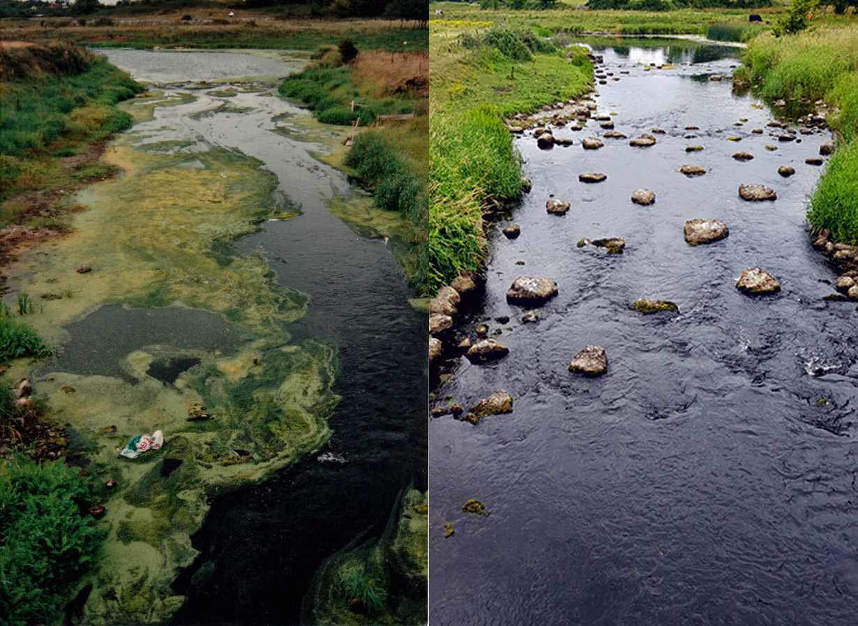 On the left - a photograph of the Castlebar River I took back in July 1995 and - on the right the same spot photographed by Bryan Kennedy in 2018. The algae has disappeared - thanks to phosphorus removal at the Castlebar WWTP.